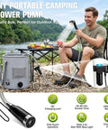 Man using Portable Camping Shower With Rechargeable Electric Pump, 6.6 Gallon Giant Capacity 25L Foldable Bucket by a river