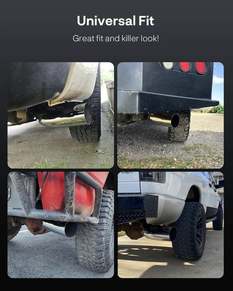 Collage of vehicles with 5 To 6 Inch Exhaust Elbow Tip With Clamp Chrome Diesel Tip For Pickup Trucks And Cars installed.