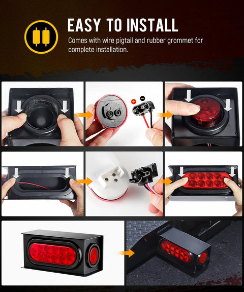 Installation steps for Heavy Duty Steel Trailer Light Box Kit DOT Approved 6 Inch Oval Red Tail Lights with connectors and grommets.