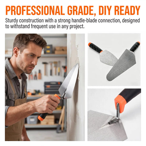 Man using 4 Pack Pro Grade Masonry Hand Tools Set With 6 Inch Pointing Trowels And 9 Inch Gauging Trowels Carbon Steel Brick Trowels