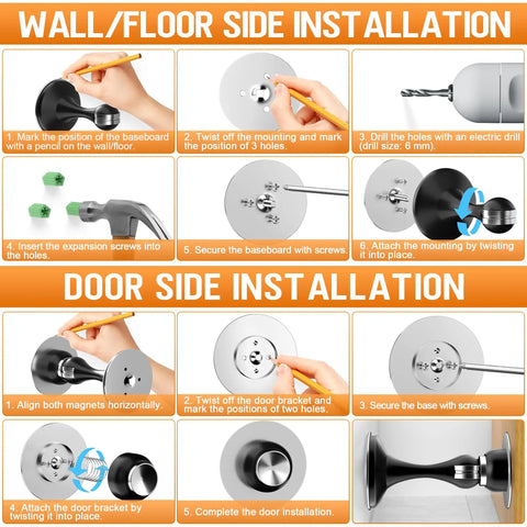Installation guide for Two Pack Magnetic Door Stoppers Set Stainless Steel Wall And Floor Mount No Drilling Door Stop