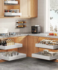 Set Of Two White Pull Out Cabinet Organizer Shelves, Expandable Roll Out Pantry Drawer With Slick Glide Rails, deep 21 inch sliding tray for kitchen cupboards.