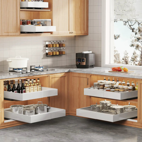 Set Of Two White Pull Out Cabinet Organizer Shelves, Expandable Roll Out Pantry Drawer With Slick Glide Rails, deep 21 inch sliding tray for kitchen cupboards.
