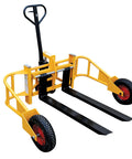 Rugged Steel Manual All Terrain Pallet Truck With 2000 Lb Capacity And 48 Inch Adjustable Forks for heavy-duty outdoor use.