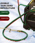 Pro Grade Dual Line Oxygen And Acetylene Hose Set 1/4 Inch By 25 Feet with 9/16-18 B Fittings in snow showing red and green hoses
