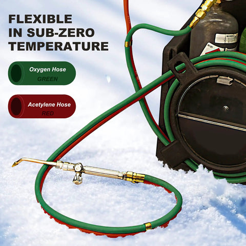 Pro Grade Dual Line Oxygen And Acetylene Hose Set 1/4 Inch By 25 Feet with 9/16-18 B Fittings in snow showing red and green hoses
