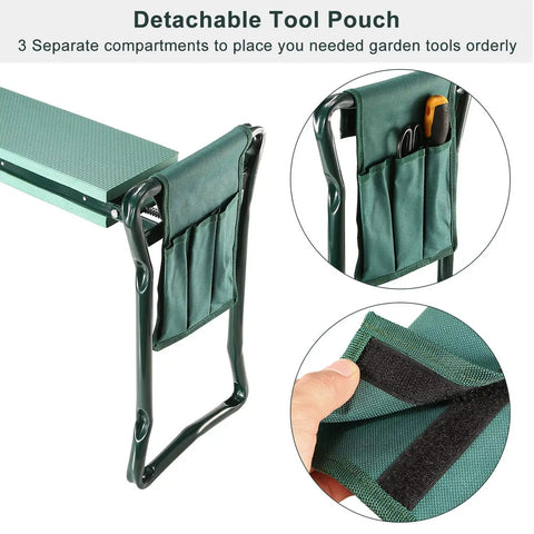 Versatile Garden Kneeler And Seat Foldable Bench with detachable tool pouch, featuring separate compartments and easy attachment system.