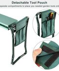 Close-up of Foldable Garden Kneeler Seat With Tool Bag Dual Function Kneeling Pad and Gardening Stool with detachable tool bag attached.