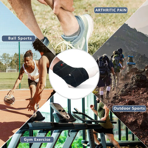 Ankle Brace For Women And Men With Compression Foot Support For Sprained Ankles Injury Recovery Pain Relief For Running And Basketball Medium Size All Day Comfy shown in sports activities like running, basketball, hiking, and gym.