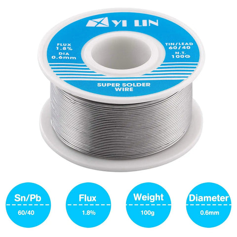 Sixty Forty Rosin Core Solder Wire 0.8mm 100g For Electrical Soldering Sn60Pb40 Alloy spool showcasing specifications