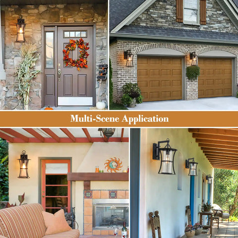 Outdoor Wall Light Fixtures Wall Mount Porch Light With E26 Base Socket IP65 Waterproof Clear Seed Glass Exterior Sconces Lantern Lamp For Porch Patio Garage 2 Pack installed on various outdoor settings.