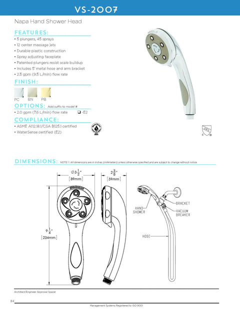Napa Removable Hand Shower Head And Hose In Polished Brass 2.5 GPM With Anystream 360 Rotation 5 Adjustable Jets And 12 Massage Sprays For A Spa Like Shower At Home