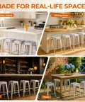 Moonlight Silver Metal Bar Stools Pair in kitchen, dining, bar, and patio settings showcasing versatility and style