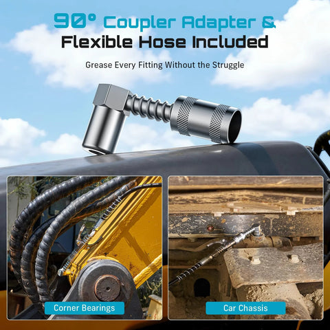 Seesii 8000 PSI heavy-duty pistol-grip grease gun kit with 14 oz capacity, 90° adapter and flexible hose.