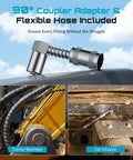 Beefy 8000 PSI Grease Gun Kit with 90 degree adapter and flexible hose shown used on machinery corner bearings and car chassis