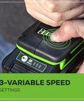 Close-up of 3-variable speed setting on 24V Brushless Cordless Impact Driver Kit with 2650 inch pounds torque and USB power bank battery.