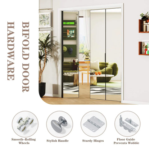 Black Aluminum Bifold Mirror Door For 60x80 Opening, Preassembled With Hardware Kit, Indoor Bi Fold Barn Door For Bedroom And Closet, Explosion Proof Mirror, Durable Aluminum Frame.