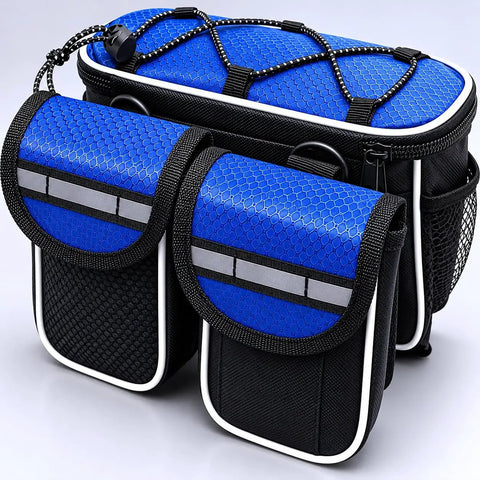 Large Bike Frame Bag 2L With Four Compartments, Water Resistant Frame Storage For Mountain Biking with Secure Zipper, Blue and Black Design