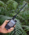 Dual Band Ham Radio Antenna 136-174MHz and 400-470MHz Omni Directional 3 dBi Gain SMA Female with Baofeng UV5R in hand