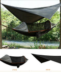 All In One Camping Hammock With Mosquito Net And Rain Fly Tarp hanging between trees by river, 275cm size, outdoor setup