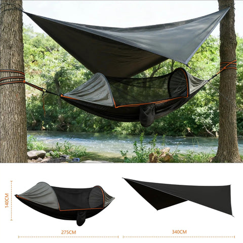 All In One Camping Hammock With Mosquito Net And Rain Fly Tarp hanging between trees by river, 275cm size, outdoor setup