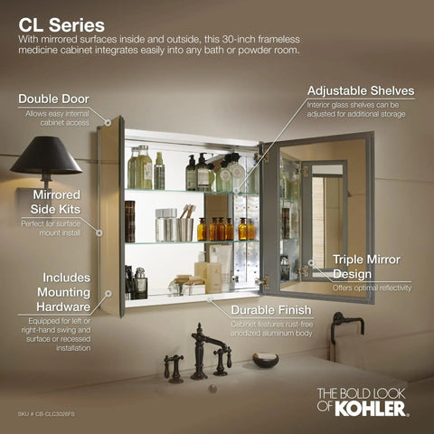Bathroom Medicine Cabinet With Mirror, Double Beveled Doors, Recessed Wall Mount, Adjustable Tempered-Glass Shelves, Mirrored Interior, 30 In W x 26 In H Beveled Edge Cabinet For Bathroom Storage in a bathroom setting