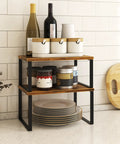 Stackable Kitchen Cabinet Organizer Shelf Set Of Four Rustic Brown Wood Counter Display Featuring Slick Metal Legs Total Pantry Spice Rack with dishes.