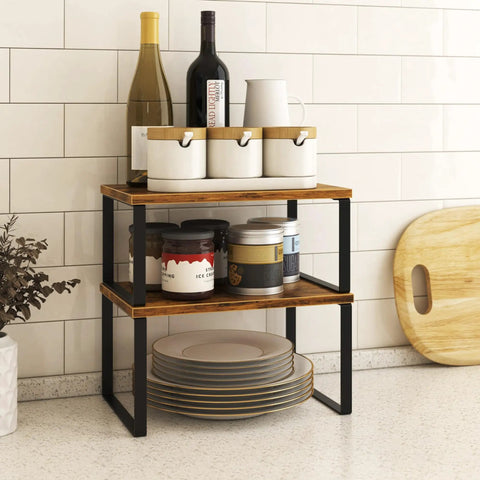 Stackable Kitchen Cabinet Organizer Shelf Set Of Four Rustic Brown Wood Counter Display Featuring Slick Metal Legs Total Pantry Spice Rack with dishes.
