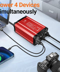 Road Ready 300W Car Power Inverter Quickly Converts DC 12V To 110V AC With PD 65W USB C and Quick Charge 18W Ports connected to devices.