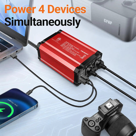Road Ready 300W Car Power Inverter Quickly Converts DC 12V To 110V AC With PD 65W USB C and Quick Charge 18W Ports connected to devices.