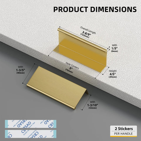 Six Pack Adhesive Cabinet Handles In Gold Finish Peel And Stick No Drill Cabinet Pulls For Kitchen And Bathroom Aluminum Alloy Drawer Knobs 100mm Length Easy Install Dresser Handles With Strong Bond Adhesive And Rust Proof Construction product dimensions diagram with detailed measurements.