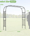 Heavy Duty Rust Proof Iron Garden Arch Trellis For Climbing Plants Outdoor Use with dimensions shown, on a lawn background.