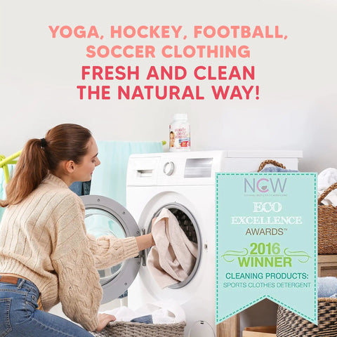 Woman using Odor Busting Washer And Towel Cleaner with 24 Treatments, Eco Friendly And Septic Safe in laundry room