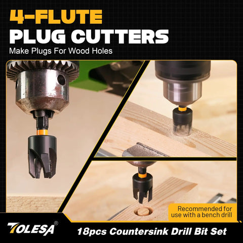 Complete 18-Piece Countersink Drill Bit Set For Wood with plug cutters and magnetic extension bit holder in use by TOLESA.