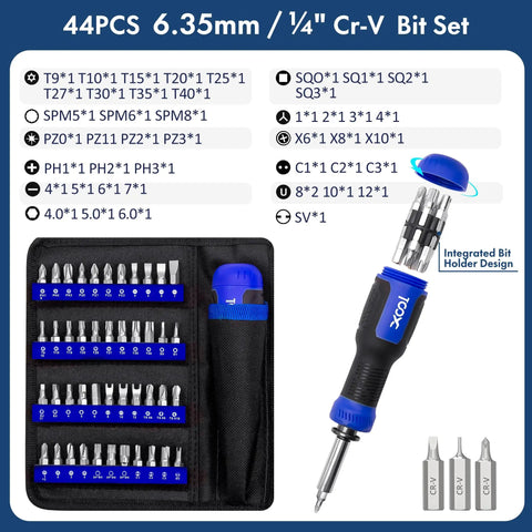 44-piece CR-V bit set with screwdriver from 200 In 1 Electronics Repair Screwdriver Kit With 164 Bits Magnetic Drivers Flexible Shaft