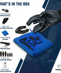 Front view of Rhino gland nut wrench set with 2 hydraulic spanners, gloves, towel, hex wrenches, pins, and Allen keys.
