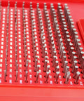 Close-up of Steel Pin Gauge Set 190-Piece 0.061-0.250 In Range Minus Tolerance 0.0002 In with red case display