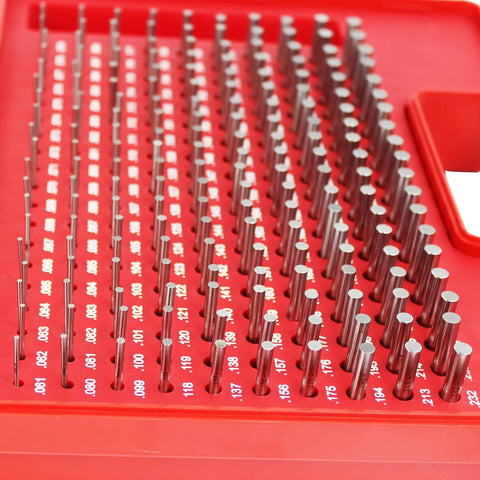 Close-up of Steel Pin Gauge Set 190-Piece 0.061-0.250 In Range Minus Tolerance 0.0002 In with red case display