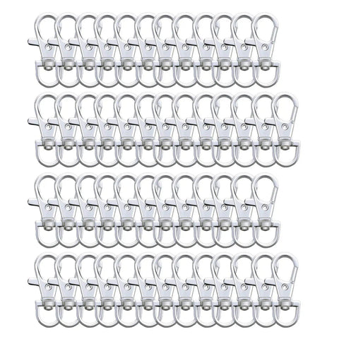 Heavy Duty Metal Swivel Lanyard Snap Hooks And Split Key Rings Bulk Keychain Connectors 100 Piece Set arranged in rows.