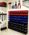 Wall Mounted Garage Storage Bin Kit 94 Piece Organization System With 32 Large Black Bins 30 Small Blue Bins 20 Small Red Bins