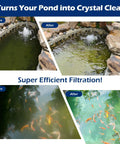Before and after images of a pond using Pond Waterfall Kit With 850 GPH Pump 12 Inch Stainless Steel Spillway Remote Control LED Lights Four Stage Filtration For Outdoor Water Features Gardens And Pools Easy Setup No Fuss Install, showing clear water and fish.
