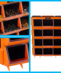 Hella Spacious Plastic Storage Drawers Heavy Duty Small Parts Organizer For Garage Workshop 12 Drawer Bins Sorter For Screws Nuts Bolts Crafting And Toy Blocks Black close-up of orange compartments filled with screws and nuts