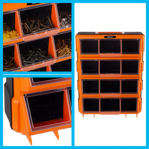 Hella Spacious Plastic Storage Drawers Heavy Duty Small Parts Organizer For Garage Workshop 12 Drawer Bins Sorter For Screws Nuts Bolts Crafting And Toy Blocks Black close-up of orange compartments filled with screws and nuts