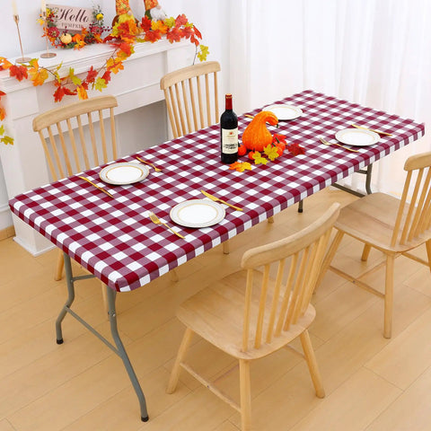 Buffalo Plaid Elastic Waterproof Fitted Vinyl Tablecloth With Flannel Backing Windproof Non Slip Outdoor Dining Table Cover For Camping And Backyard Hangouts Burgundy And White 30 By 72 on dining table with fall decor
