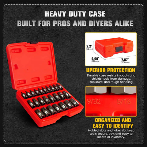 25 Piece 3/8 Inch Drive Impact Bolt Extractor Set With Heavy Duty Case For Removing Broken Studs Bolts Screws Hex Head Multi Spline