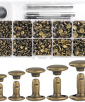 Heavy Hitter Copper Double Cap Leather Rivets Kit With Mixed Sizes And No Sweat Press Tool For Patching Denim Jackets Work Boots Canvas Totes Custom Gear Bronze, containing various bronze rivets.