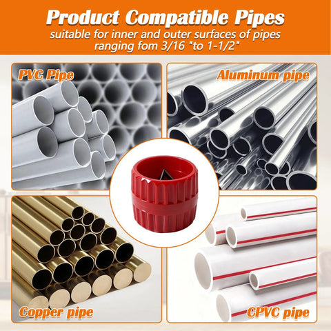 PVC, aluminum, copper, CPVC pipe images with Pro Grade Depth Gauge And Pipe Deburring Tool Kit With Six Size Depth Gauge Set and Chamfer Reamer.