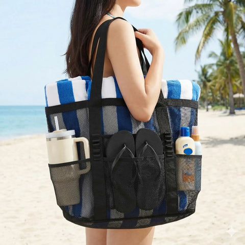 Mesh Beach Tote For Women With 8 Pockets And Inner Zipper Pocket, Waterproof Sandproof Beach Bag with towels and sunscreen on beach