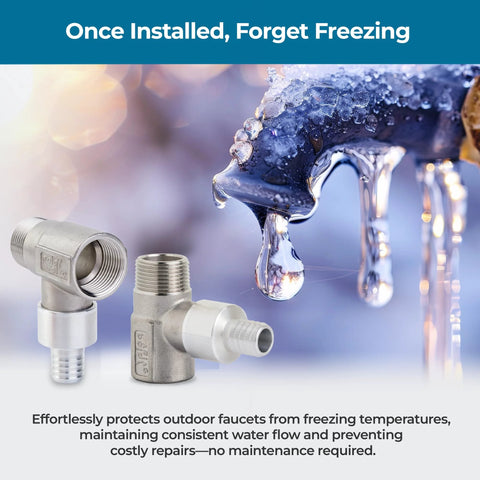 Two stainless steel T-type freeze-proof valve fittings for outdoor faucets, 3/4" NPT