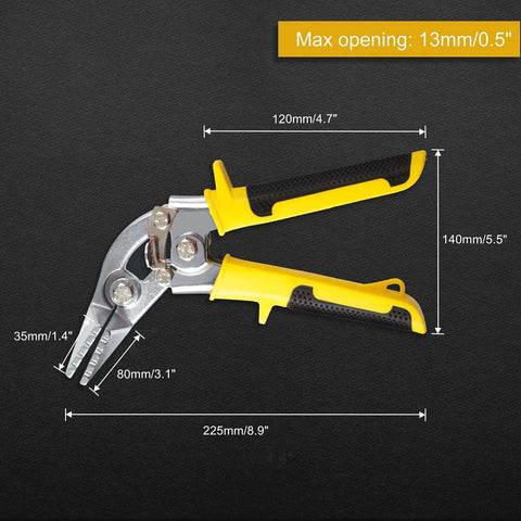 Three Inch Metal Hand Seamer With Curved Jaws For Sheet Metal Bending and Flattening on black background with dimensions